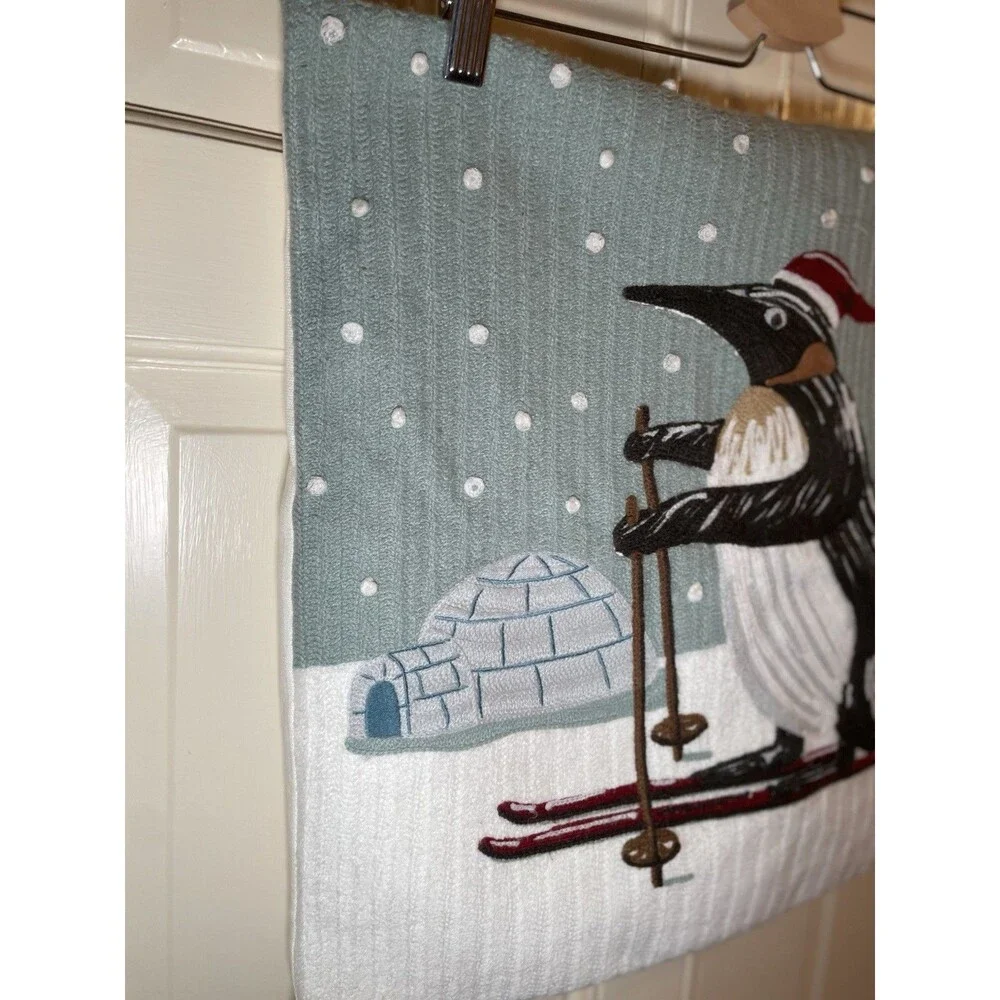 Pottery Barn Christmas Skiing Penguin Crewel Embroidered Pillow Cover Blue 18x18